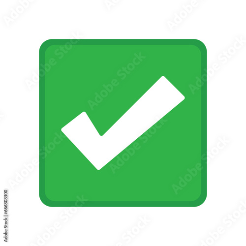 Green positive vote button with checkmark accept complete task badge vector illustration. Success confirmation logotype keypad agree approved check mark. Done checkbox. Tick button emoji icon.