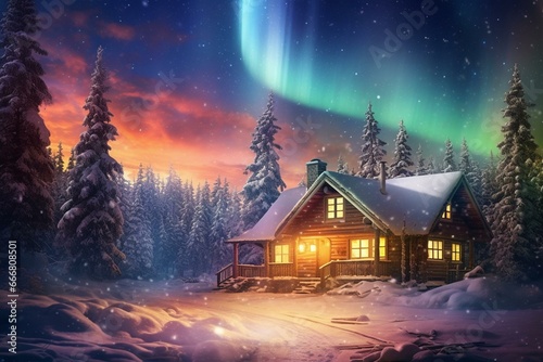 Winter wonderland with captivating aurora lights dancing above a cozy cabin amidst snow-covered grounds, adorned with majestic fir trees under a mesmerizing galaxy sky. Generative AI