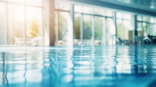 blurred background with a luxury swimming pool in a modern hotel or gym. background for advertising with space for text © yana136