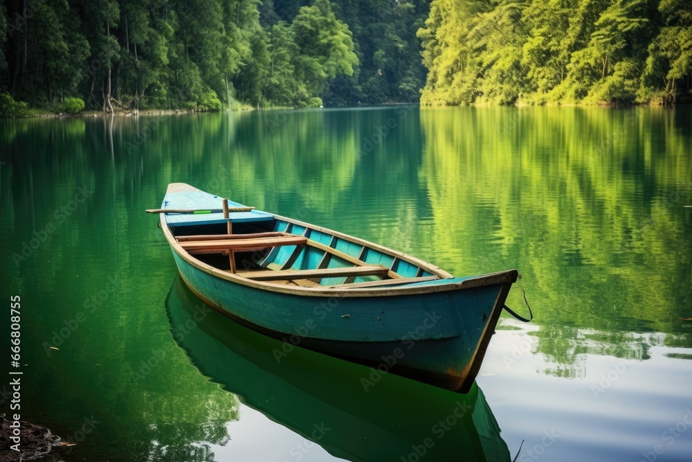 A boat floating in smooth water at tranquil lake