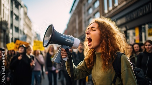 woman with megaphone at a protest, demonstration