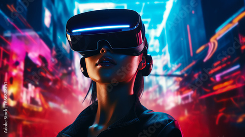 Portrait of a beautiful young woman wearing virtual reality goggles in futuristic style and neon lighting.