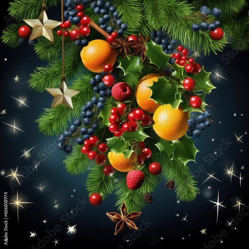 Christmas background with fir branches and baubles. Vector illustration. © Soeren