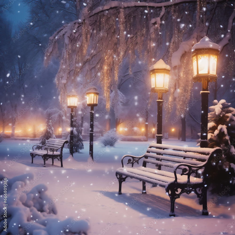 Winter park at night with street lamps, benches and trees covered with snow.