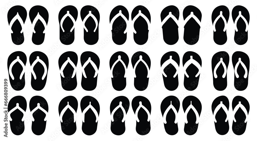 Silhouette flip flops set, slippers icon, logo sign symbol, vector illustration isolated on white background, editable - obrazy, fototapety, plakaty 