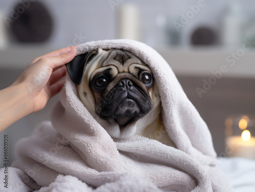 Pug dog after taking a shower, cute wet pug dog sitting after shower on bed, pets grooming and washing. © AMK 