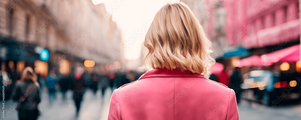 A blonde woman wearing a pink outfit walking in a crowded street with defocused people.