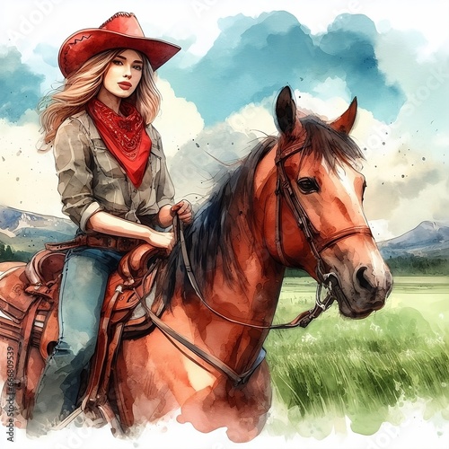 Cowgirl, country girl. Artwork design, illustration for T-shirt printing, poster, Wild West style, American western. Generative AI