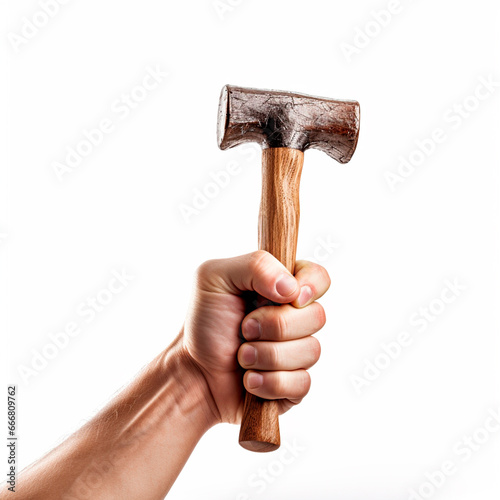 mano de un hombre sosteniendo un martillo en un fondo blanco 