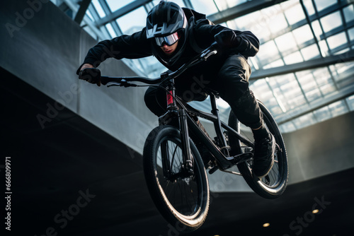 A high-angle dynamic shot of an extreme sports enthusiast performing a daring stunt, such as bmx tricks , capturing the adrenaline rush of the moment. Generative Ai