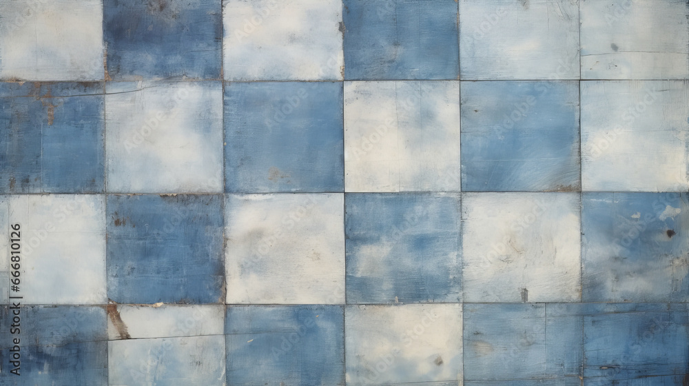 A serene outdoor seating area with a vibrant blue and white tiled wall A serene outdoor seating area with a vibrant blue and white tiled wall