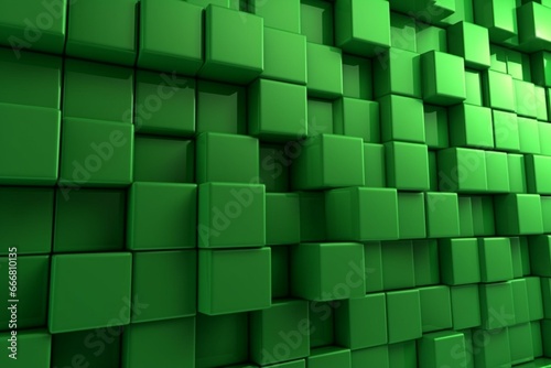 Rectangular wall of green tiles, futuristic 3D background of semigloss blocks rendered in 3D. Generative AI