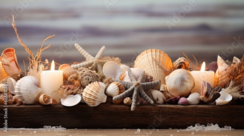 A collection of seashells and sea glass arranged artfully on a driftwood table, serving as a centerpiece for the Christmas feast.