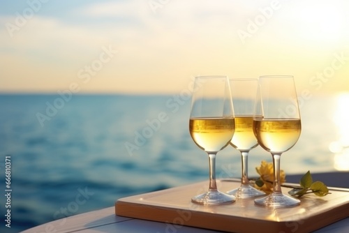 Glasses of white wine on a wooden table on the background of the sea