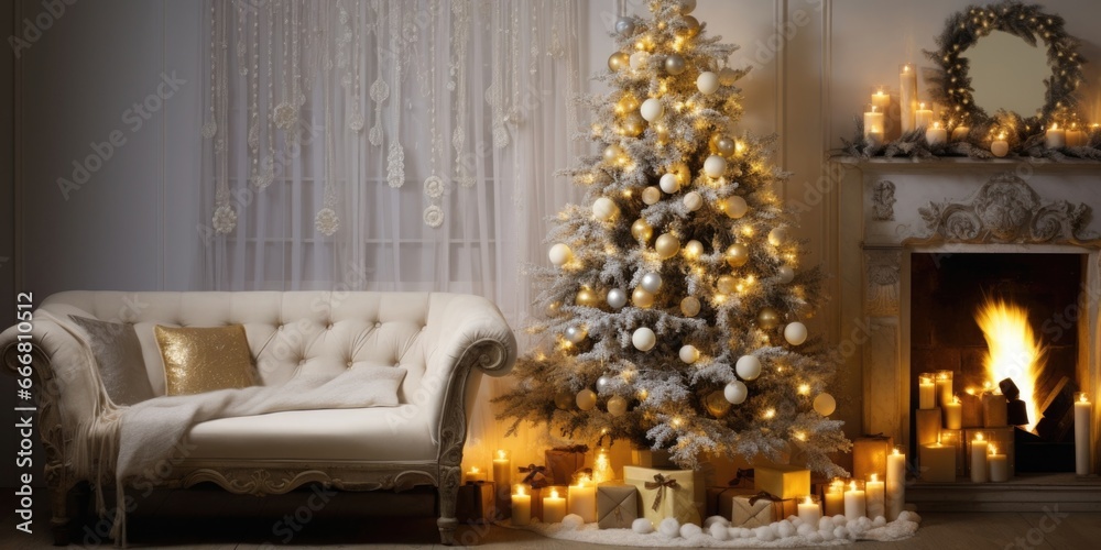 A beautifully decorated tree, shimmering with gold and silver baubles and delicate lacewrapped candles.