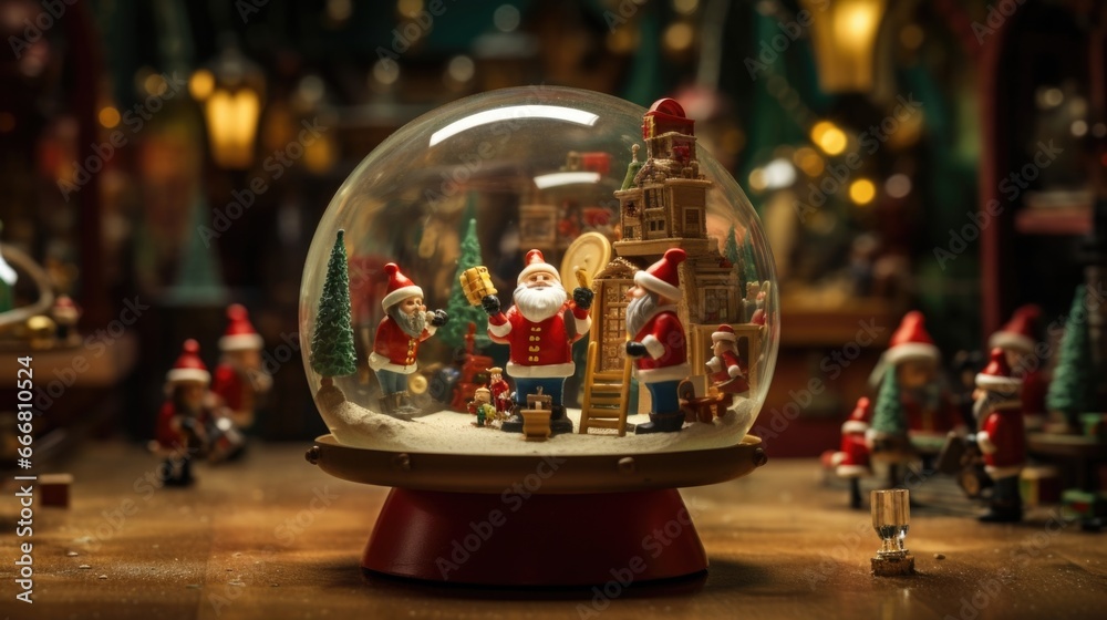 A whimsical Santas workshop, with elves hard at work making toys on a miniature assembly line, all displayed within a glass orb embellished with holiday trinkets. - obrazy, fototapety, plakaty 