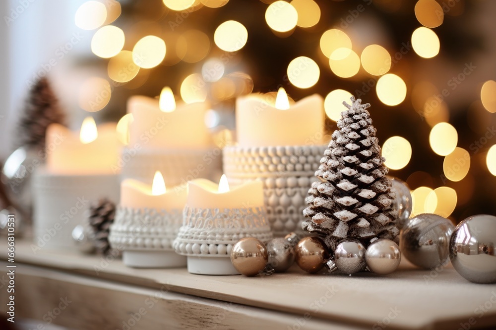 Closeup of a mantelpiece decorated for Christmas in a Scandinavian style. A row of white candles sits atop a wooden tray, surrounded by small white and silver ornaments. The rest of the