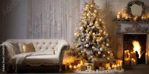 A beautifully decorated tree  shimmering with gold and silver baubles and delicate lacewrapped candles.