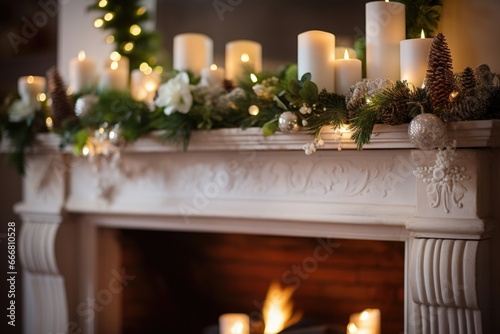 Closeup of a fireplace adorned with a simple wooden garland and a few white stockings hanging from the mantel. A few small white candles and vases filled with fresh greenery add the perfect