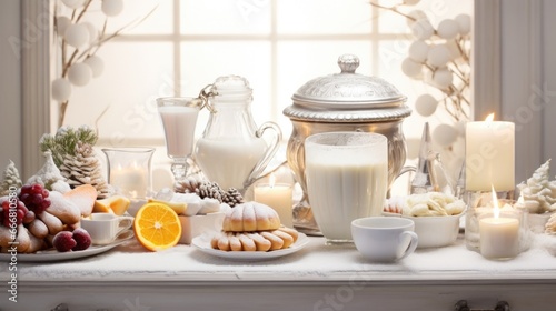 A monochrome holiday breakfast spread, featuring white croissants, silver bowls of fresh fruit, and steaming mugs of white hot chocolate topped with a dollop of whipped cream. The table