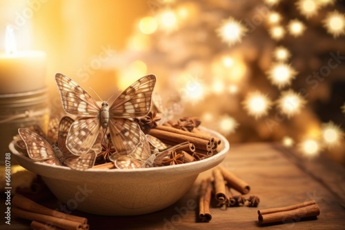 A of small moths gathered around a bowl of fragrant cinnamon sticks  their ethereal wings adding an enchanting touch to a cozy Christmas setting.