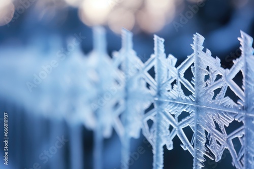 A closeup of a fence or railing covered in frost  each bar and post adorned with its own unique pattern.