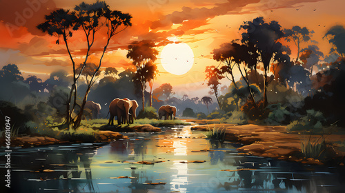 Watercolor painting, high quality, landscape on an African jungle with trees next to a river with giraffes, elephants and birds, 