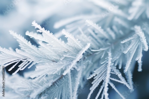 A of pine needles  each one coated in a thin layer of frost. The delicate  icy crystals add a touch of sparkle and glamour to the otherwise simple image.