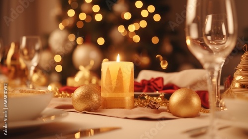 The golden light of a candle flame adds a festive touch to a table set for a Christmas dinner.