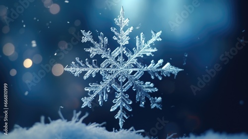 A closeup of a snowflake highlights its perfectly formed arms, with intricate patterns resembling delicate feathers.