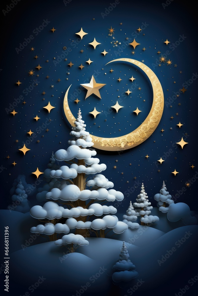Fototapeta premium Christmas card. Night, moon, stars. Winter paper cut style