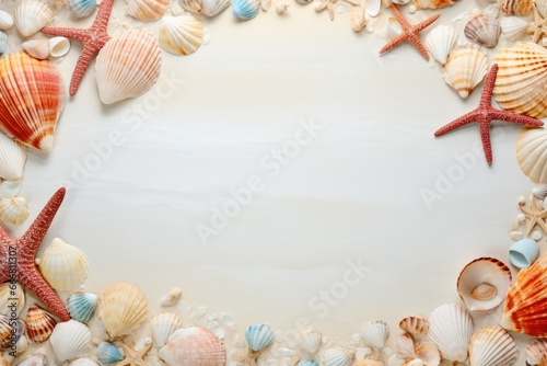 background with seashells. banner place for text. blue background. frame. concept vacation, vacation, sea,.