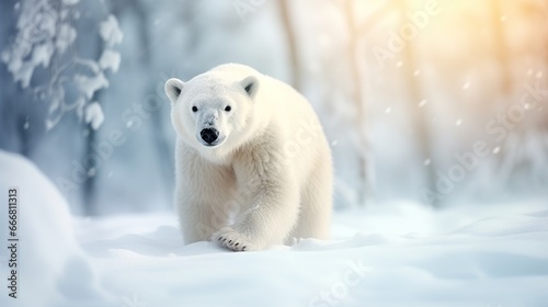 White Polar Bear on winter snow background. AI generated image