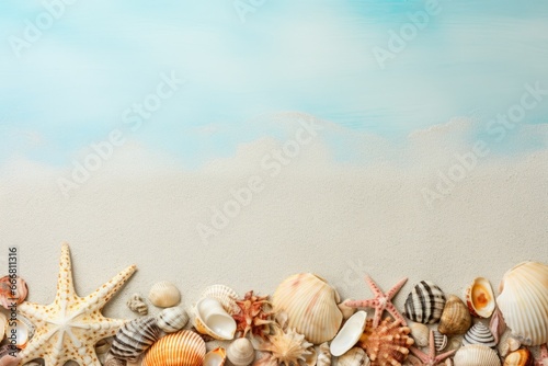 background with seashells. banner place for text. blue background. frame. concept vacation, vacation, sea,.