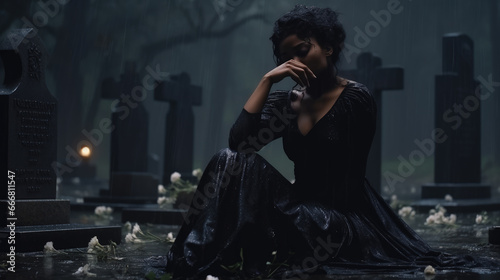 Portrait of a sadness beautiful black woman in a black coat on the background of the cemetery. Mourns for a deceased relative.