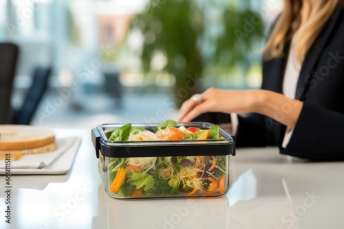 Salad lunch box at work. snack. lunch at the office. healthy food. fresh vegetables. photo