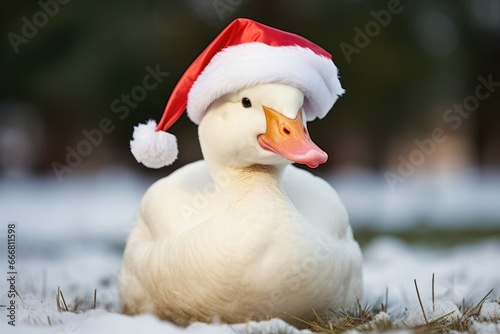 Goose in a red Christmas hat. Postcard for New Year and Christmas. Cute character photo