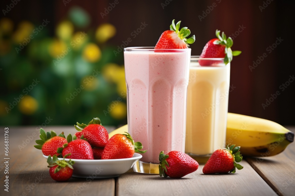 banana and strawberry smoothie. delicious shake. fresh fruits. breakfast. drink food. banana and strawberry smoothie. delicious shake. fresh fruits. breakfast. drink food.