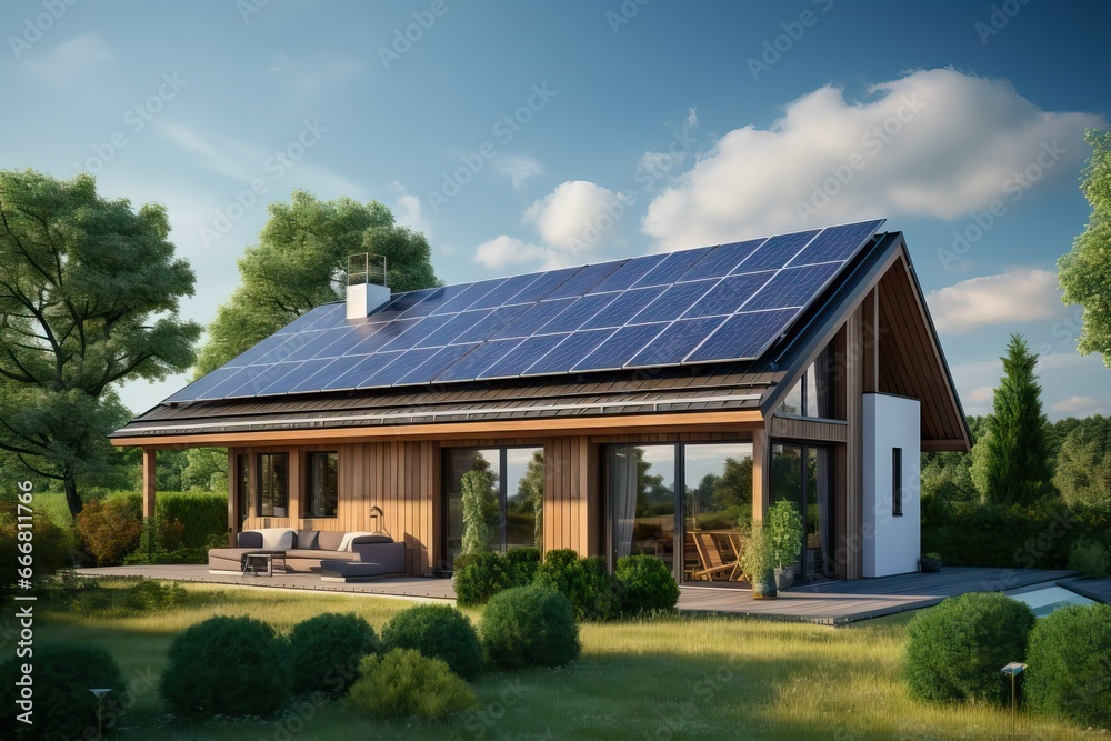House with solar panels on the roof. alternative solar energy. environmentally friendly. rustic modern wooden house.