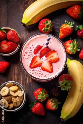 banana and strawberry smoothie. delicious shake. fresh fruits. breakfast. food. Top view  photo