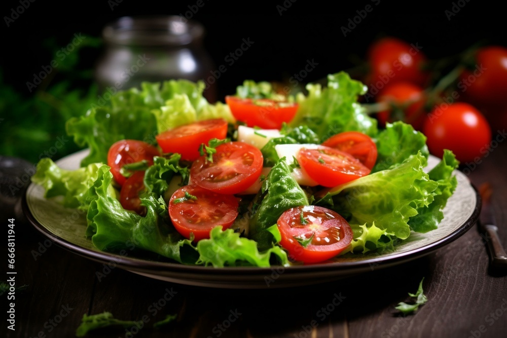 Salad made with fresh greens and juicy tomatoes. Generative AI