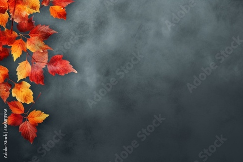 Wallpaper depicting autumn leaves against a grey background. Seasonal banner with blank area for text. Generative AI