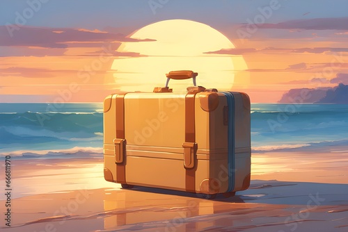 Mala de viagem na areia da praia em um lindo por do sol. Bagagem de férias na beira do mar com um belíssimo nascer do sol ao fundo. Acessórios e itens de viagens no litoral tropical. Viagem quente.