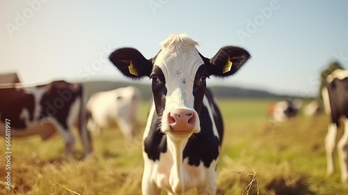 Dairy cow on the green grass field background. AI generated image © prastiwi