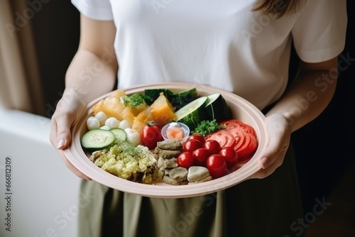 Girl holds a paper plate with healthy food