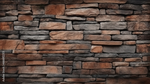 A textured stone wall with a mix of brown and gray rocks