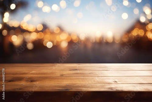 Blurry wooden table top in a beachfront bar with bokeh lights, against a background of a cafe or restaurant. Generative AI photo