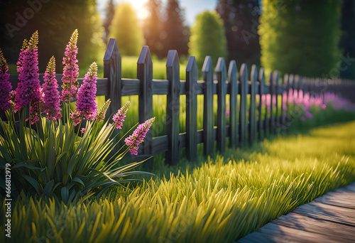  wooden fence near the house, grass near the fence and flowers photo