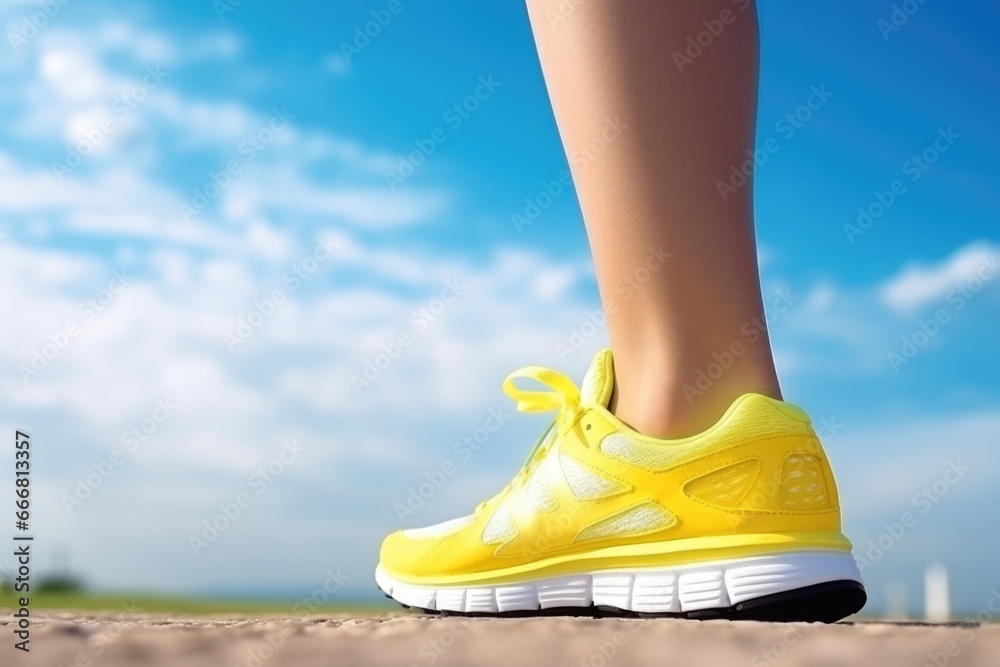 Naklejka premium Feet in yellow sneakers on blue sky and road background