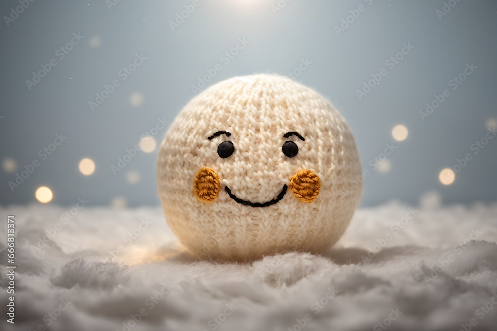 Obraz premium Cute Knitted Moon with a Smile, knitted moon with smile and rosy cheeks, soft blue background with bokeh lights